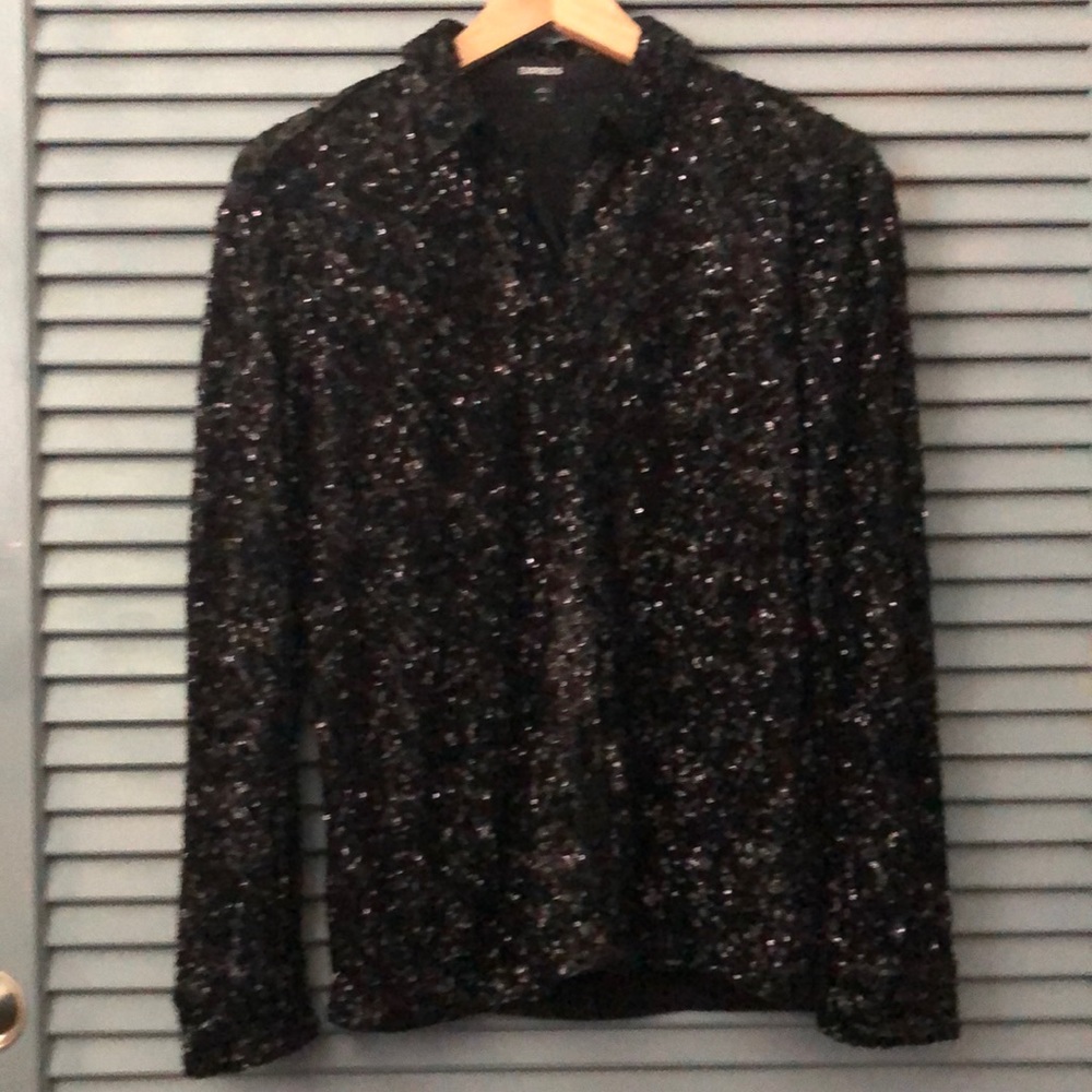 Gorgeous Express black sequin button down shirt ❤️